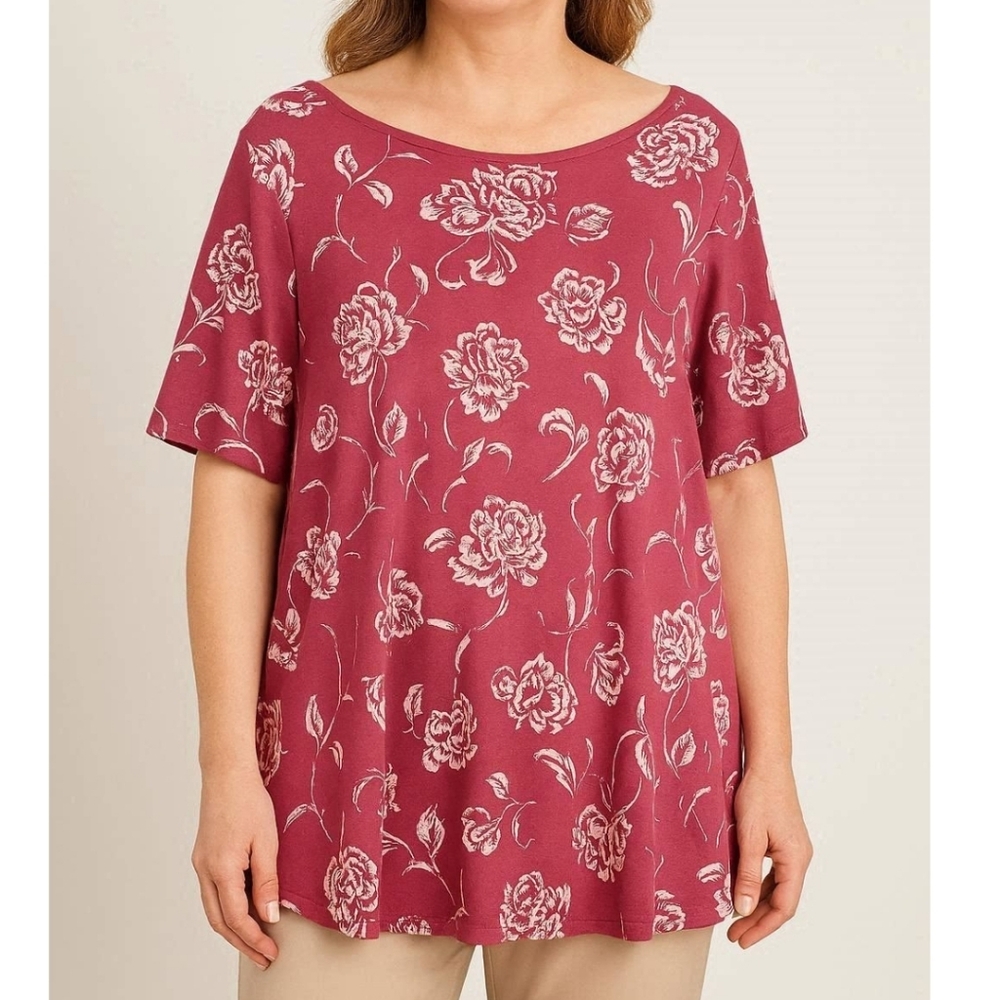 Northcrest Deep Mauve Colored Short Sleeve Tank w/Cream Florals size 1X